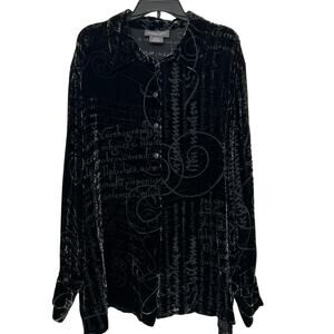 Vintage 90s Black Silk Blend Velvet Burnout Script Writing Graphic Blouse 26/28